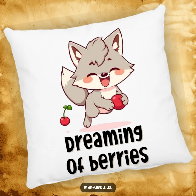 Funny Kawaii Maned Wolf Pillow: A cute maned wolf joyfully chasing a bouncing berry, offering comfort and playful humor.