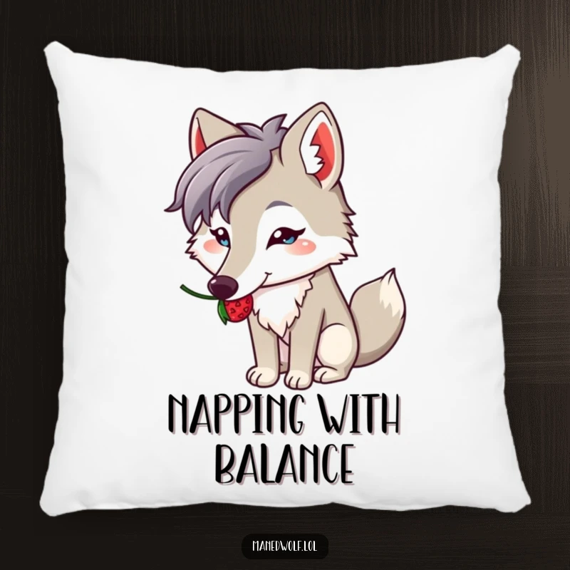 Funny pillow showcasing a kawaii maned wolf balancing a berry on its snout, adding comfort and cute humor to any room.