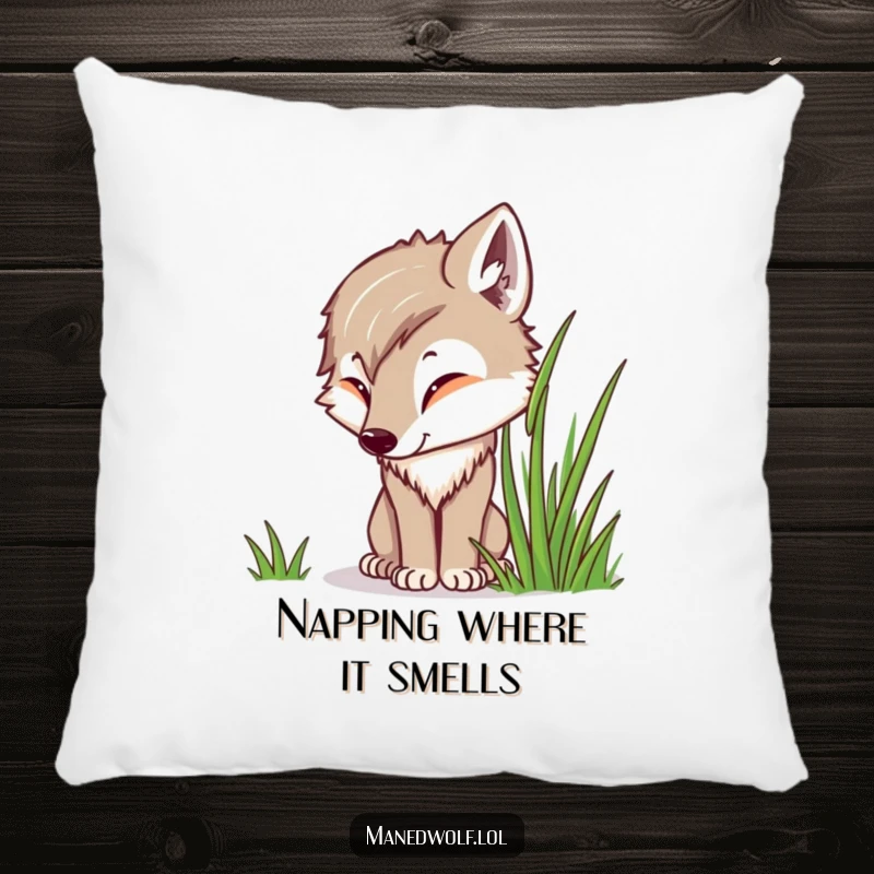 Funny Kawaii Maned Wolf Pillow featuring a cute wolf curiously sniffing grass, adding comfort and a hint of gentle exploration.