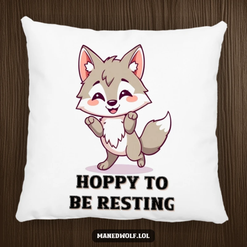 Funny Kawaii Maned Wolf Pillow showing a cute wolf in a happy little hop, offering comfort and cheerful charm.
