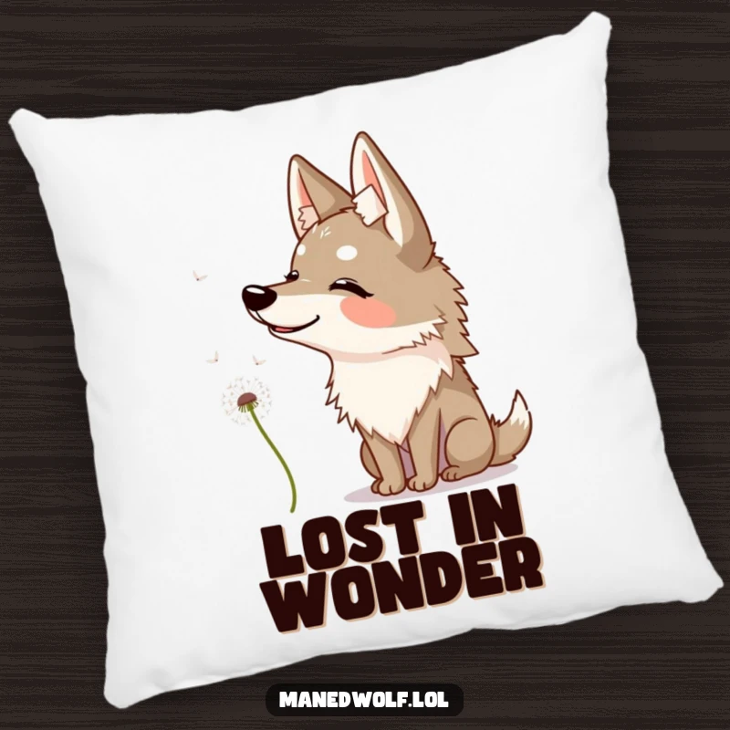 Funny maned wolf pillow showing a happy wolf curiously observing a floating dandelion seed.