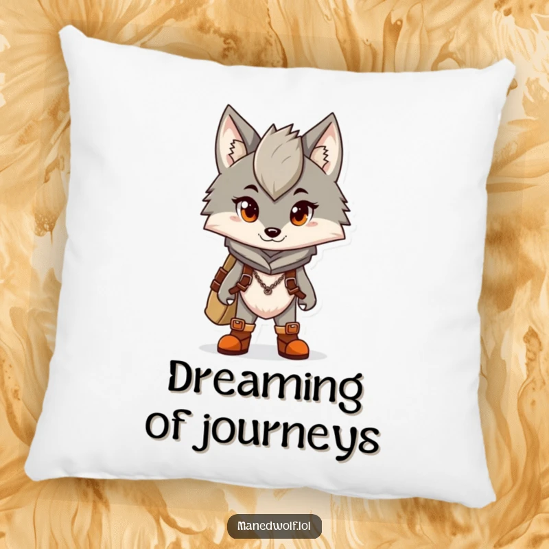 Funny pillow showcasing a maned wolf character wearing tiny boots, perfectly prepared for an adventure.