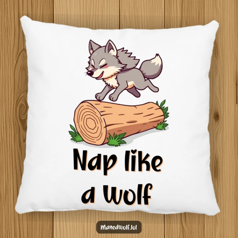 Funny Maned Wolf Pillow with a character energetically leaping over a log, offering comfort and a humorous touch to any seating area.