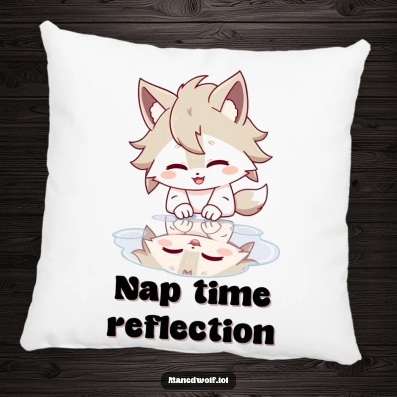 Funny pillow showcasing a maned wolf character giggling heartily while looking at its reflection in a puddle.