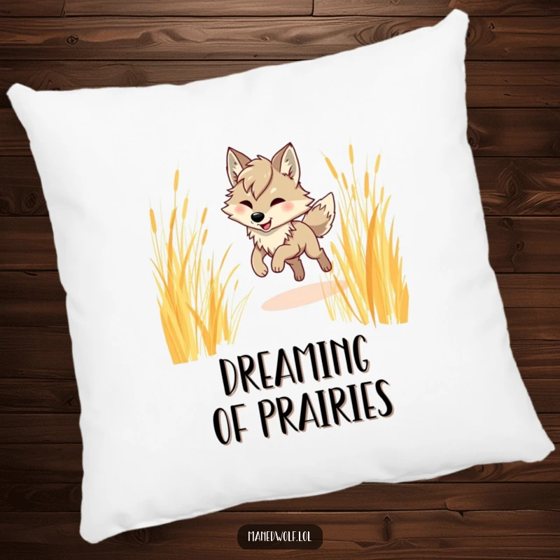 Funny maned wolf pillow, humorously depicting a maned wolf prancing through golden grass, radiating a unique blend of elegance and playful charm.