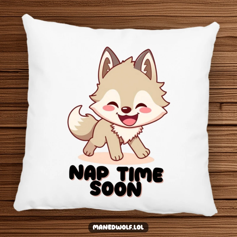 Funny maned wolf pillow displaying a wolf's amusing shadow-chasing escapade, perfect for adding comfort and laughter to any seat.
