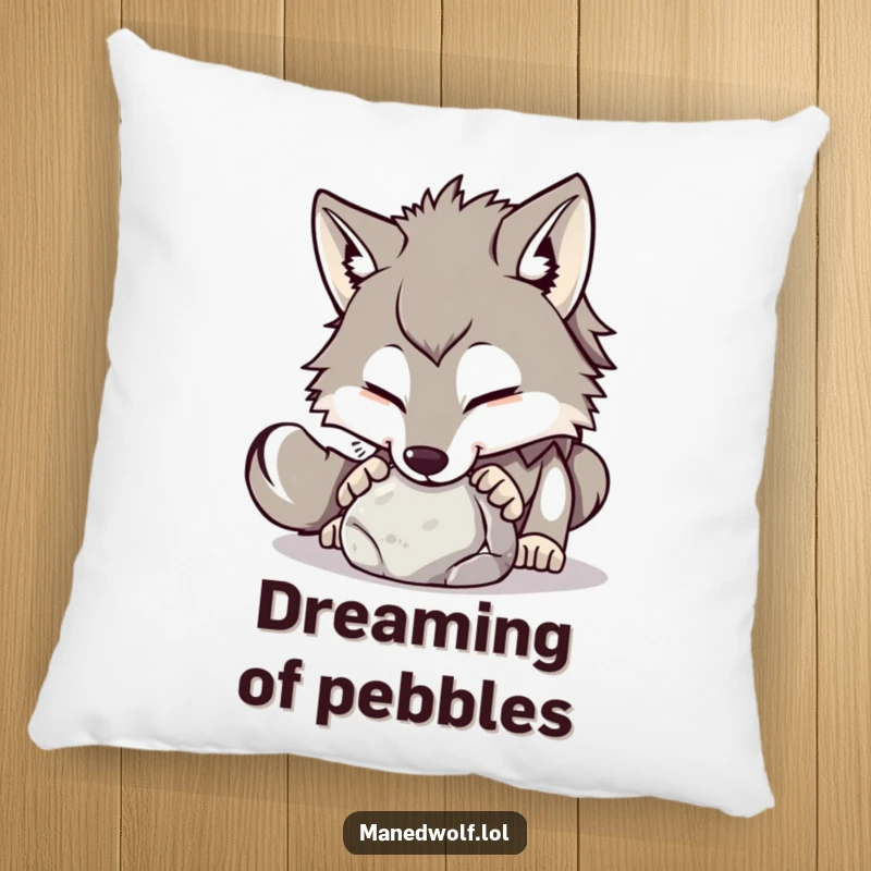 Funny maned wolf pillow showing a playful wolf gently nudging a small, round stone with its nose.