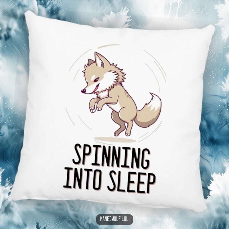 Funny Maned wolf chasing its tail in a dizzy circle, featured on a soft pillow, offering humorous comfort and playful charm.