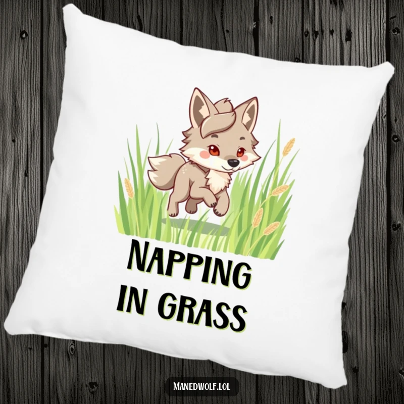Funny Maned Wolf Pillow: Character happily trotting through grass, bringing comfort and a sense of joyful exploration, a cozy gift.
