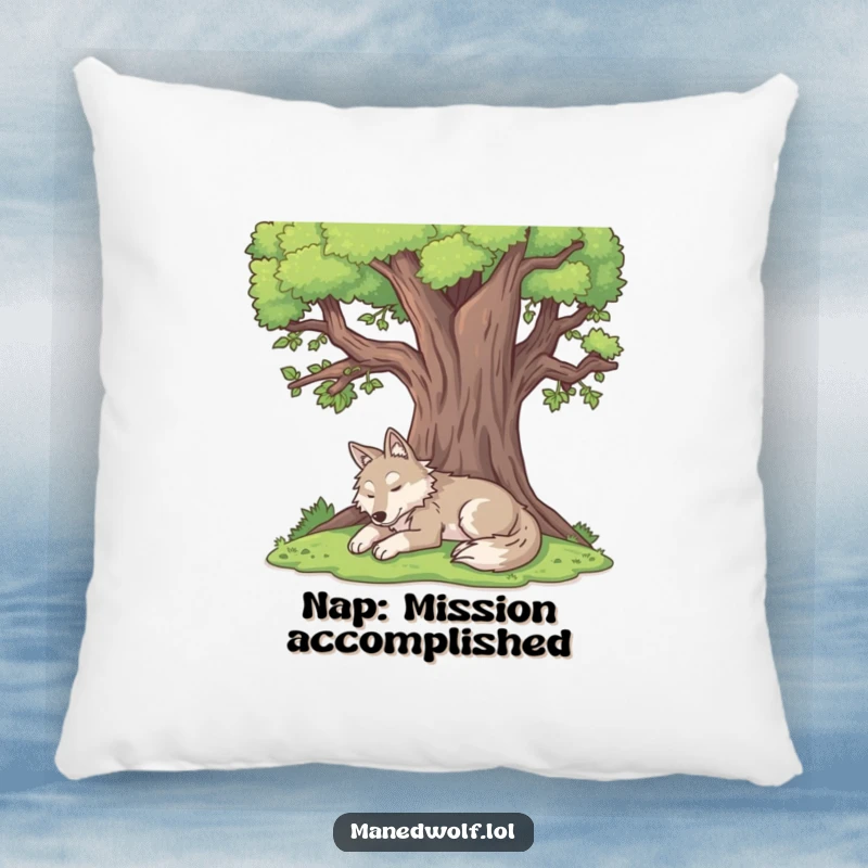 Funny maned wolf pillow featuring a content maned wolf resting peacefully under a large tree.