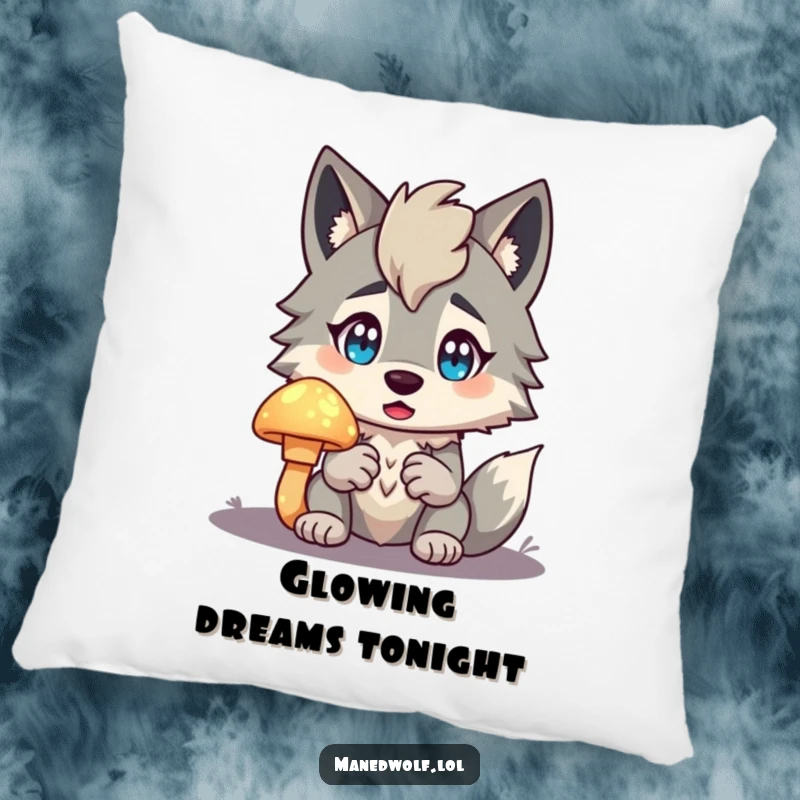 Funny Maned Wolf Pillow featuring a character looking surprised while holding a glowing mushroom, adding a whimsical touch to relaxation.