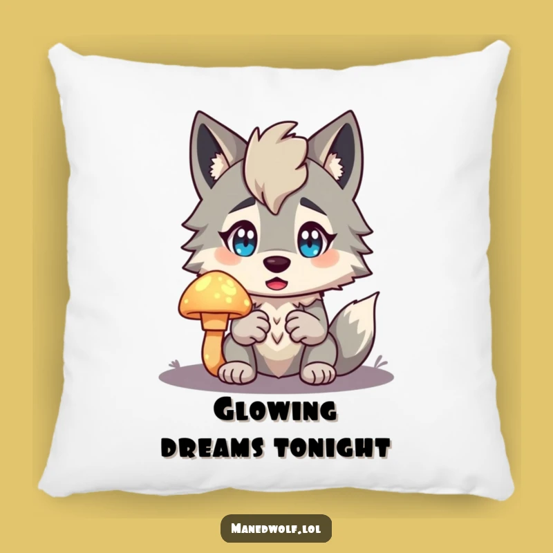Funny Maned Wolf Pillow: Surprised by Mushroom, Cozy Mystery Gift!