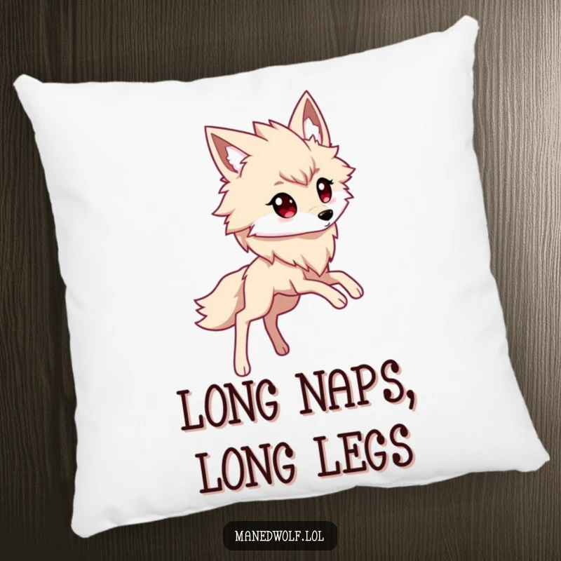 Funny kawaii maned wolf pillow with a cute character showcasing its long legs in a stylish, extended stride.