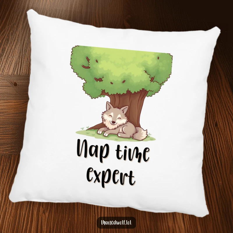 Funny pillow featuring a contented maned wolf resting peacefully under the shade of a large tree.