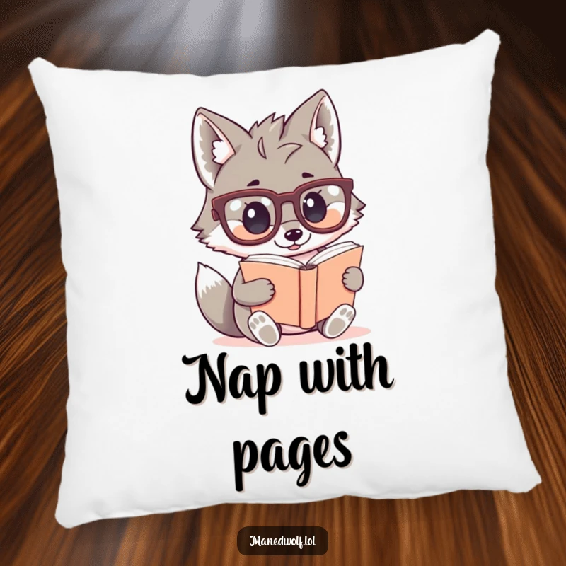 Funny, soft pillow featuring a kawaii maned wolf wearing oversized glasses and reading a tiny book, perfect for cozy study.