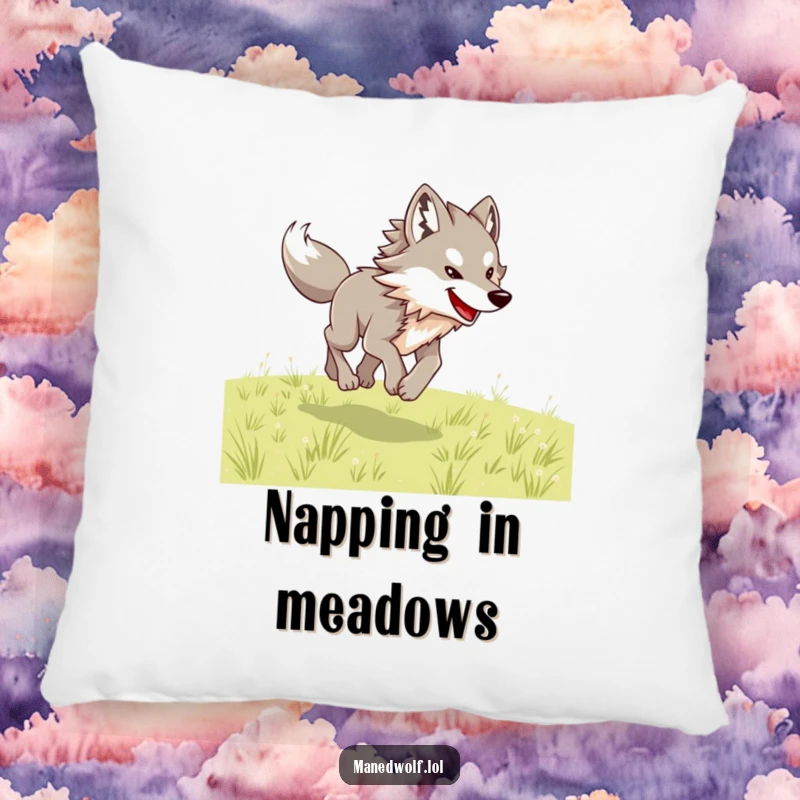 Funny maned wolf pillow depicting a happy wolf joyfully bounding across an open field.