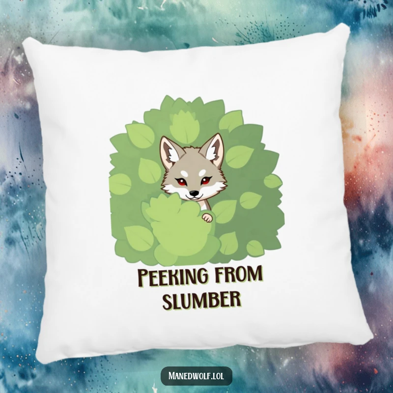 Funny shy maned wolf pillow, peeking from a bush, soft decor with a cute and bashful design.