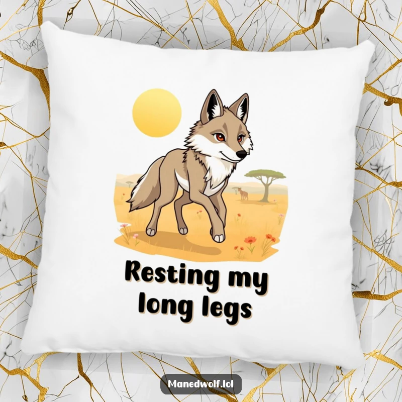 Funny maned wolf pillow showing a graceful wolf with long legs trotting across a sunny savanna.
