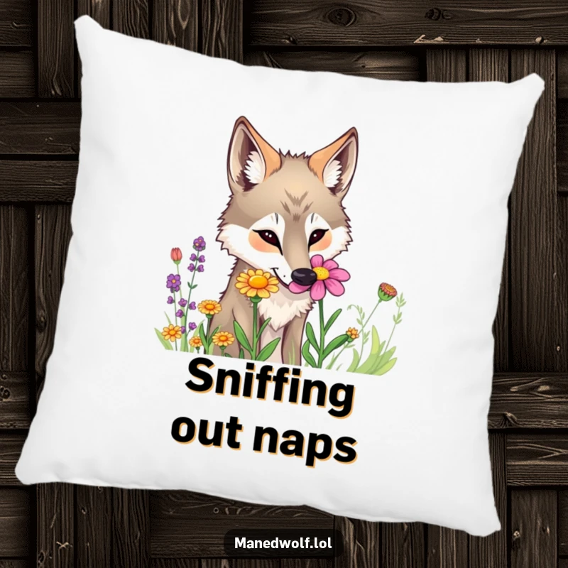Funny maned wolf pillow showing a curious wolf sniffing a colorful wildflower with immense interest.