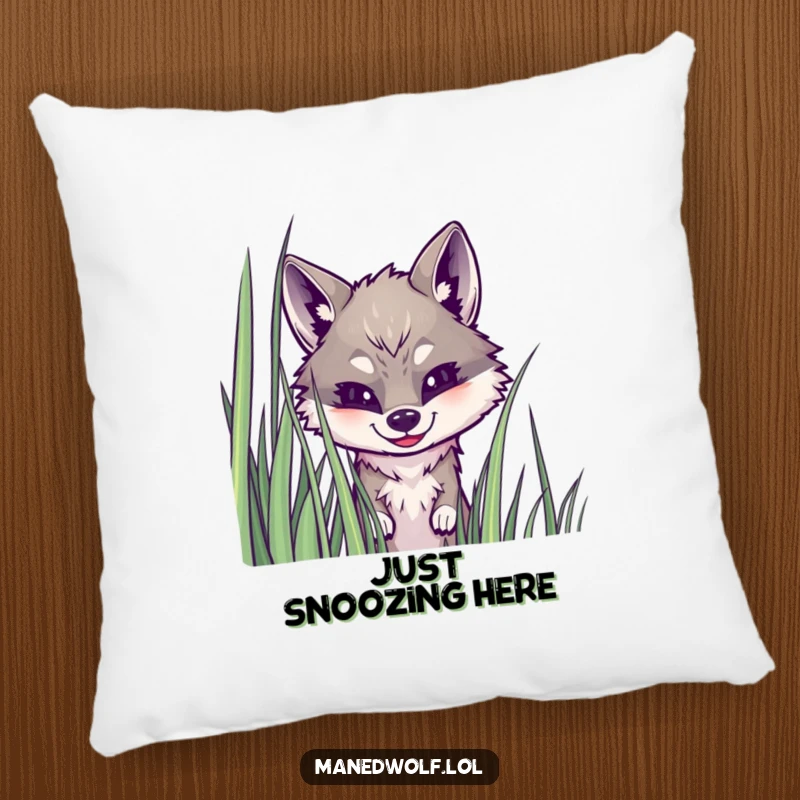 Funny maned wolf pillow showing a wolf peeking from grass, perfect for adding a touch of playful charm and comfort to any room.