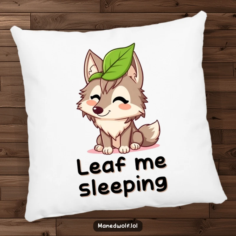 Funny maned wolf pillow displaying a wolf giggling with a leaf hat, perfect for adding comfort and comical silliness to any space.