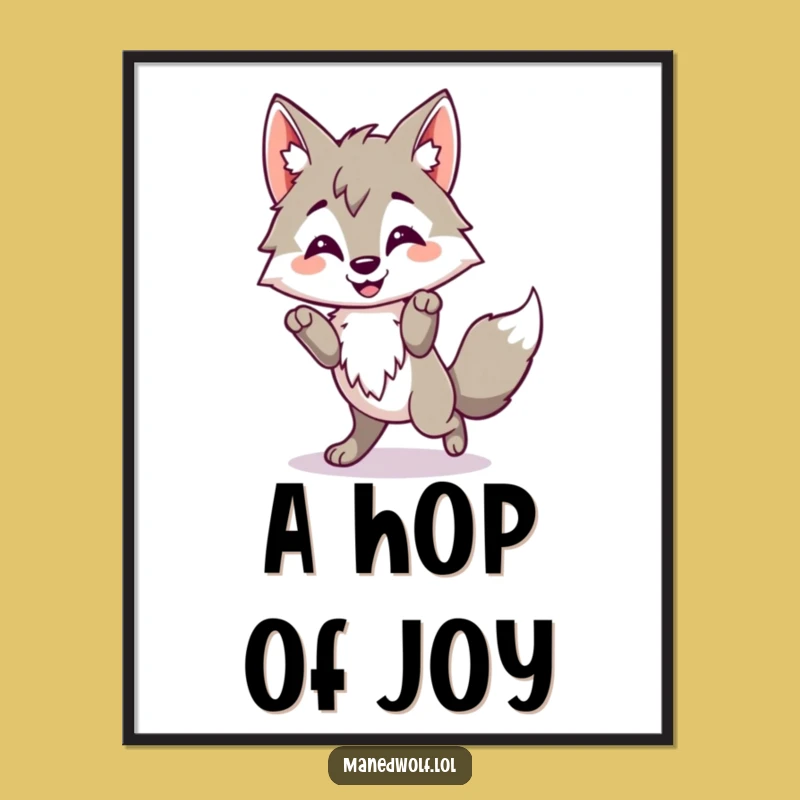 Funny Kawaii Maned Wolf Art Print, Happy Hop Wolf Digital Decor, Cheerful Gift