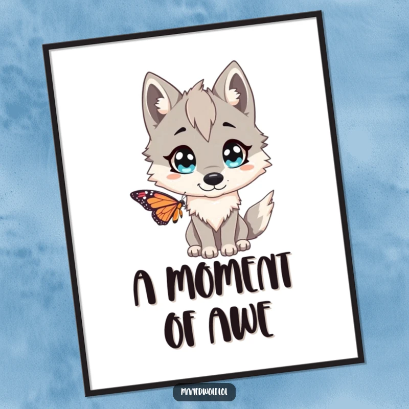 Funny Maned wolf digital art print, depicting a wide-eyed creature comically surprised by a delicate butterfly, for humorous wildlife decor.