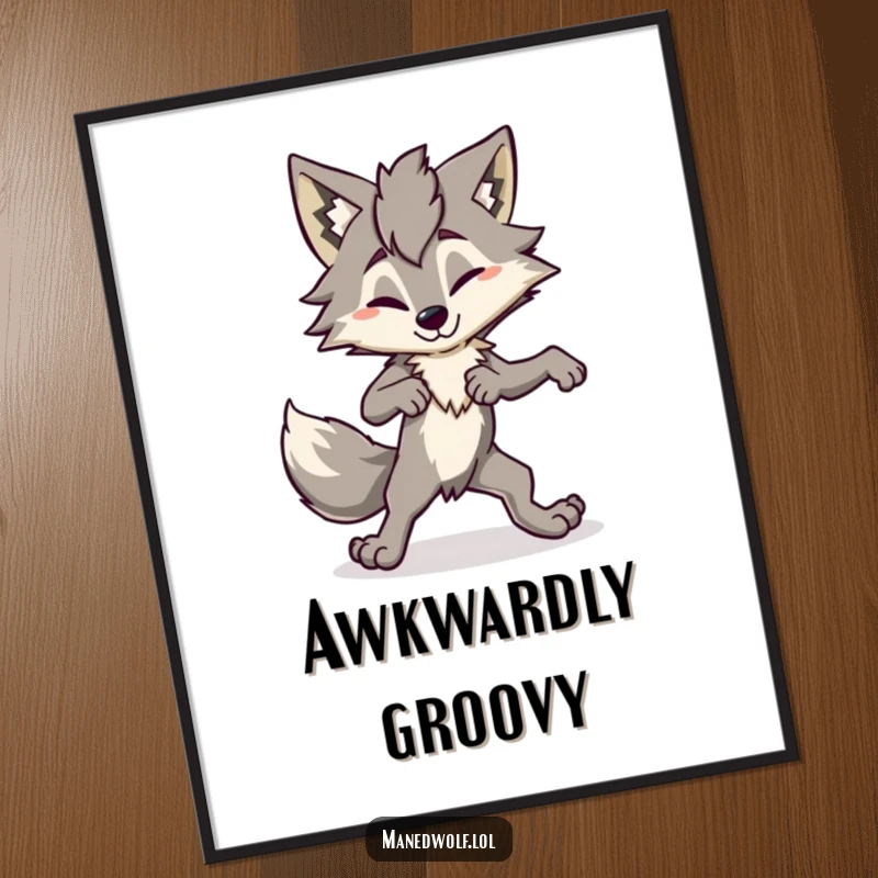 Funny Maned Wolf Digital Art Print of a character performing a comically awkward dance, conveying humor and movement for instant decor.