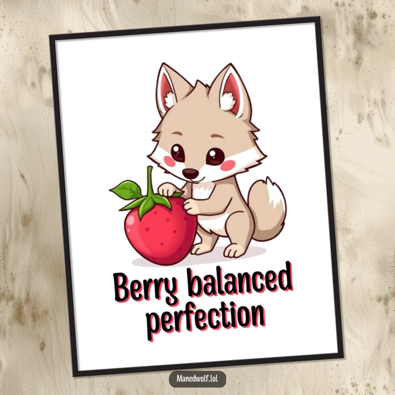 Funny Kawaii Maned Wolf Digital Art Print of a cute wolf trying to balance a large berry, perfect for humorous and artistic decor.