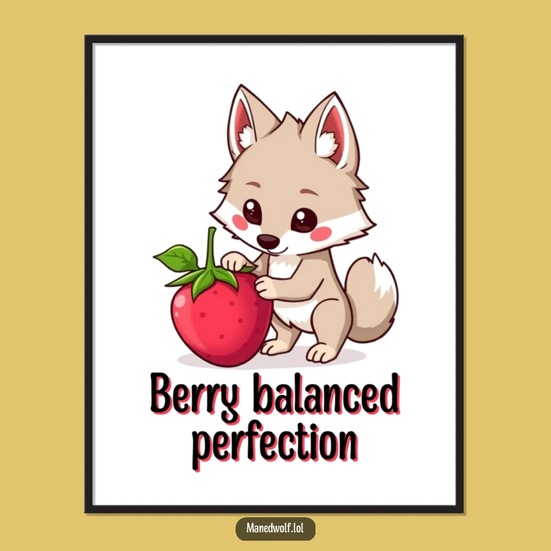 Funny Kawaii Maned Wolf Art Print, Balancing Berry Wolf Digital Decor, Humorous Gift