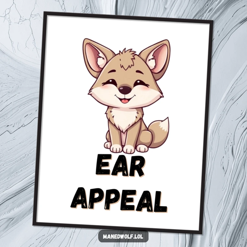 Funny maned wolf digital art print of a happy wolf tilting its head with big, perked ears attentive.