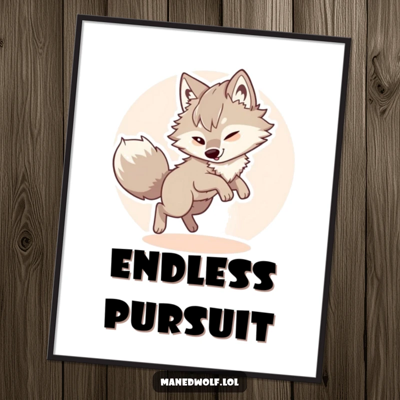 Funny maned wolf digital art print, showing a fluffy wolf in a comical, circular chase of its own bushy tail.