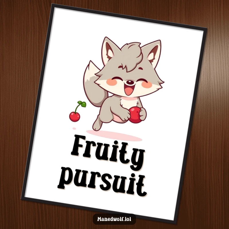 Funny Kawaii Maned Wolf Digital Art: A cute maned wolf joyfully chasing a bouncing berry, perfect for printable wall decor.
