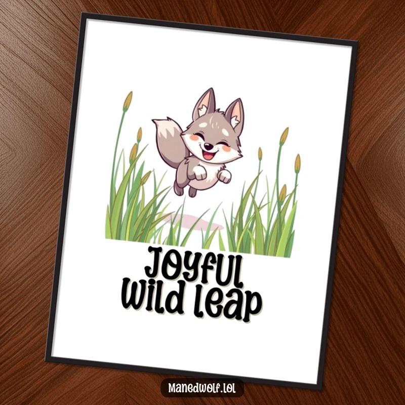 Funny maned wolf digital art print, happy, leaping through grass, instant download for cheerful and vibrant decor.