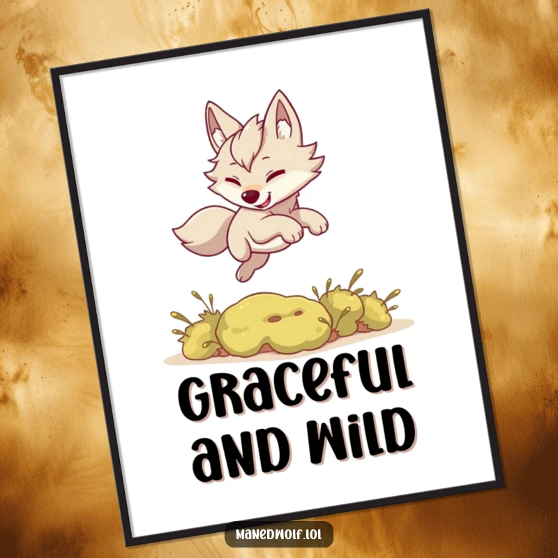 Funny digital art: a kawaii maned wolf playfully leaping over a small bush; downloadable print for decor.