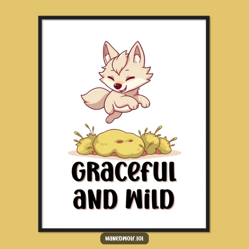 Funny Kawaii Maned Wolf Digital Art: Bush Leap Instant Print Gift