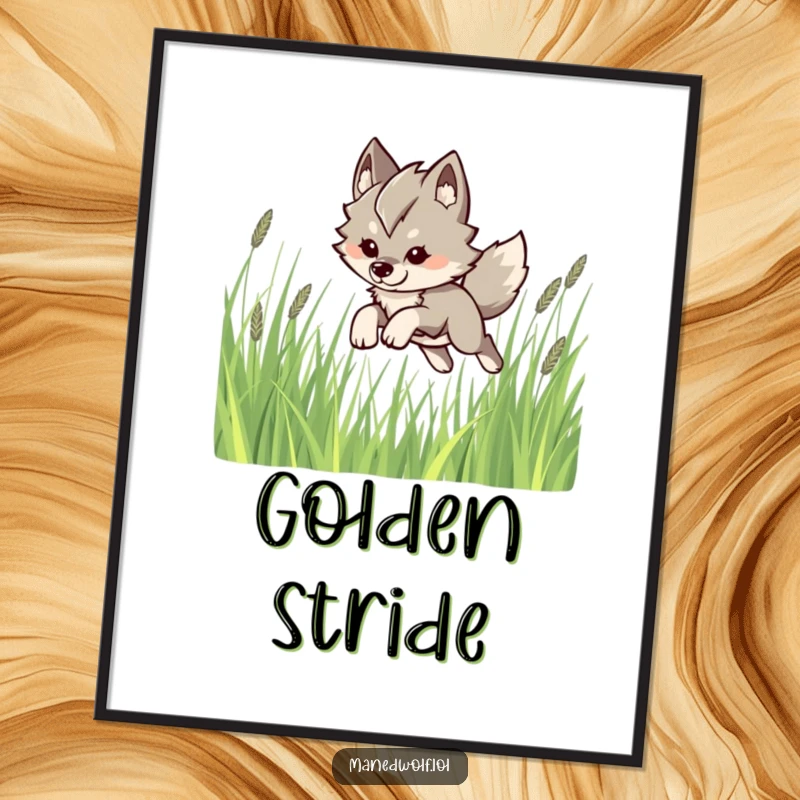 Funny Kawaii Maned Wolf Digital Art: A cute maned wolf leaping playfully through tall grass, perfect for printable wall decor.
