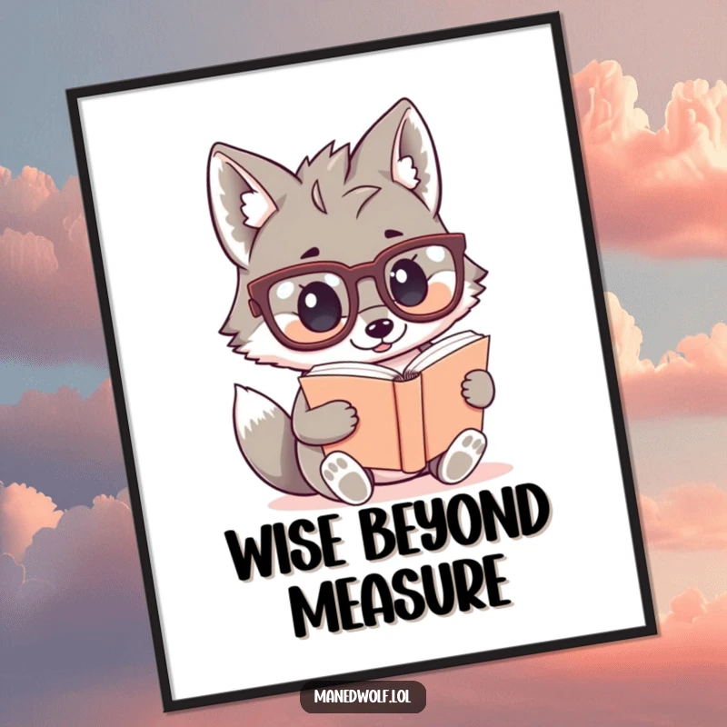 Funny digital art print of a kawaii maned wolf wearing large glasses and reading a small book, whimsical and scholarly.