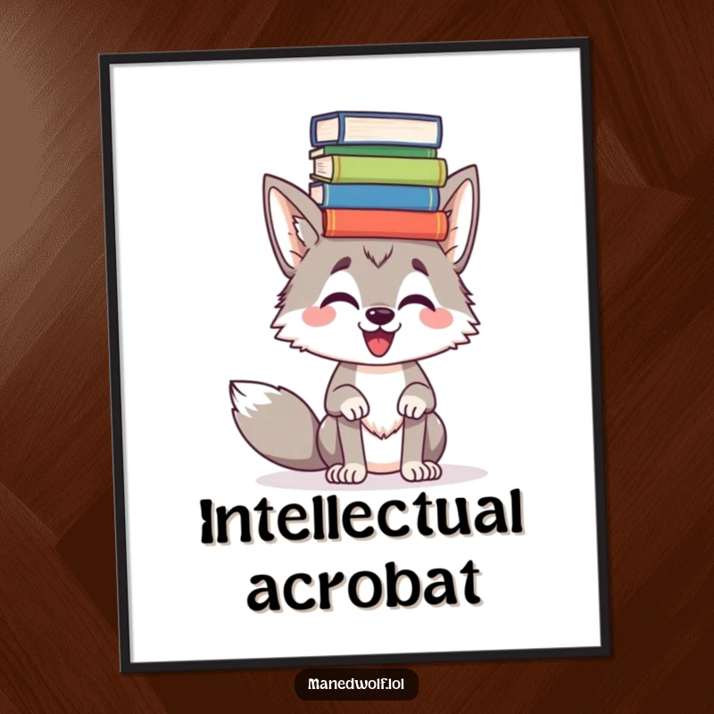 Funny Maned wolf balancing books on its head, rendered as a digital art print, full of humorous intellectual charm.