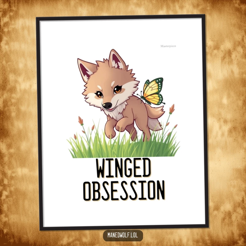 Funny maned wolf digital art print of an energetic wolf leaping after a sparkling butterfly in tall grass.