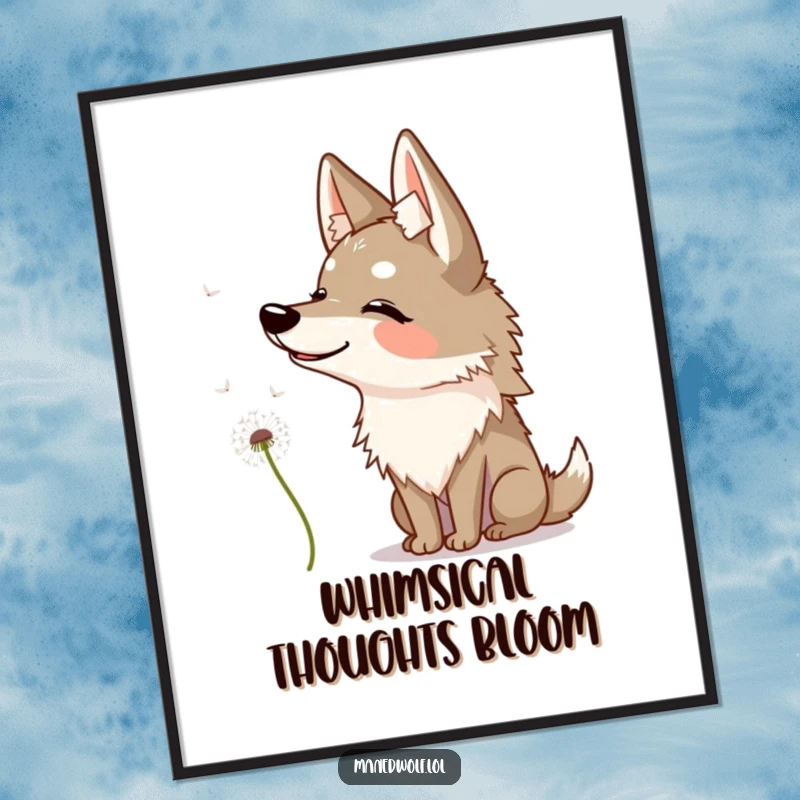 Funny maned wolf digital art print of a wolf tilting its head quizzically at a dandelion seed, instant download.