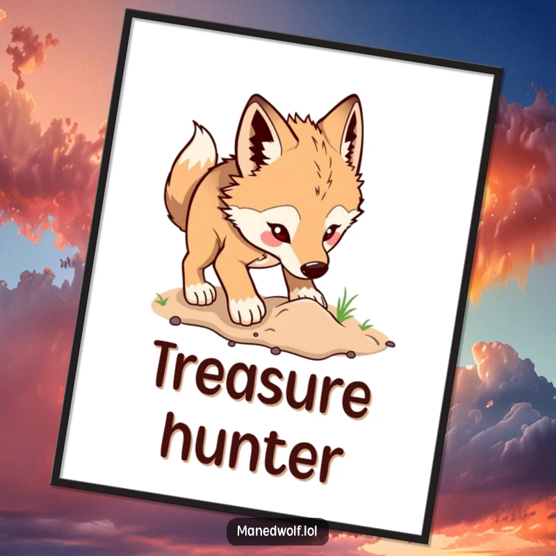 Funny maned wolf digital art print of a wolf digging excitedly, offering instant energy, playfulness, and vibrant humor.