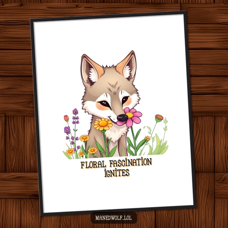 Funny maned wolf digital art print of a curious wolf sniffing a colorful wildflower, instant download.