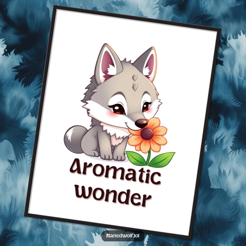 Funny maned wolf digital art print showing a curious wolf with big ears sniffing a detailed, vibrant flower.