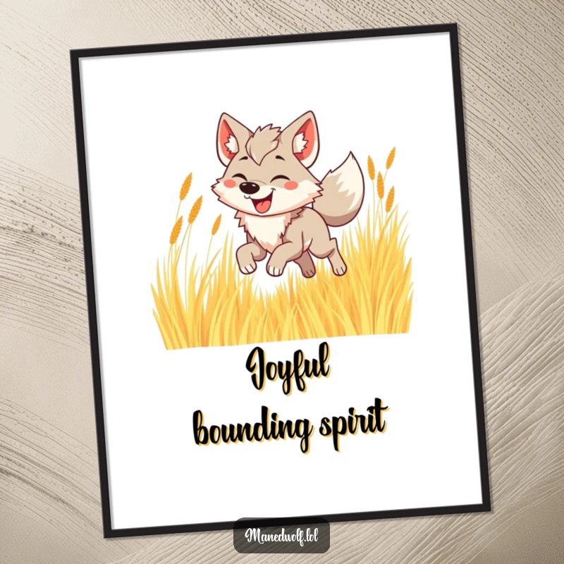 Funny maned wolf digital art print of a joyful wolf bounding through golden grass with a smile, instant download.