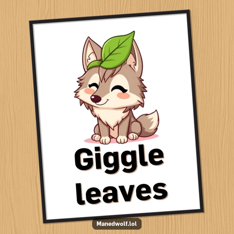 Funny maned wolf digital art print of a wolf giggling with a leaf hat, offering instant silliness, playfulness, and visual humor.