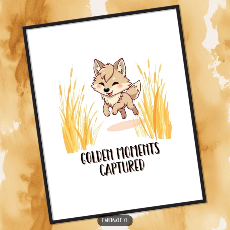 Funny maned wolf digital art print, vividly depicting a maned wolf humorously prancing through tall golden grass, full of striking detail.