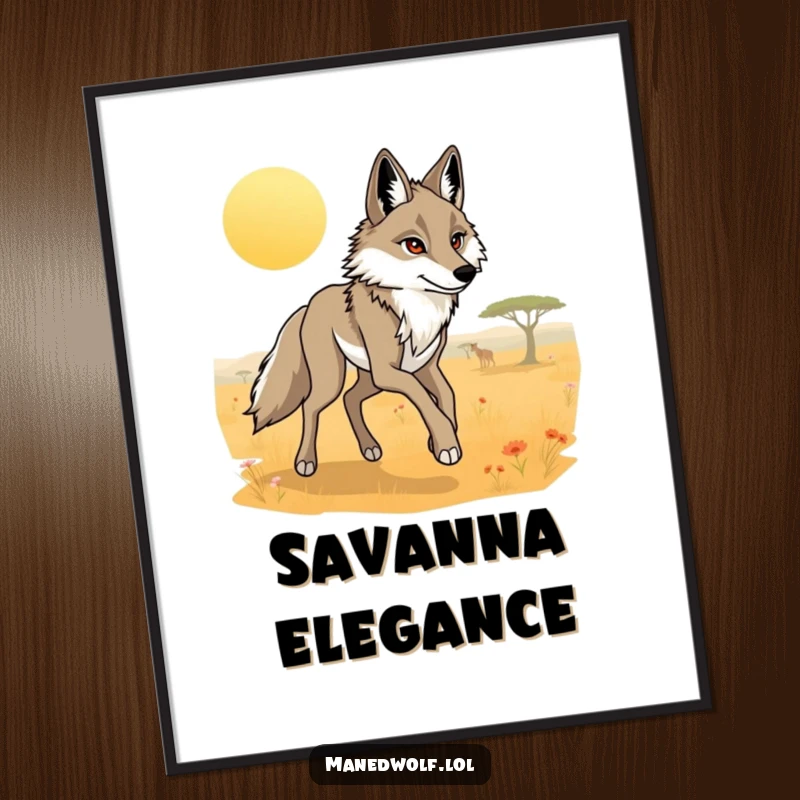 Funny maned wolf digital art print of a long-legged wolf trotting gracefully through a sunlit savanna.