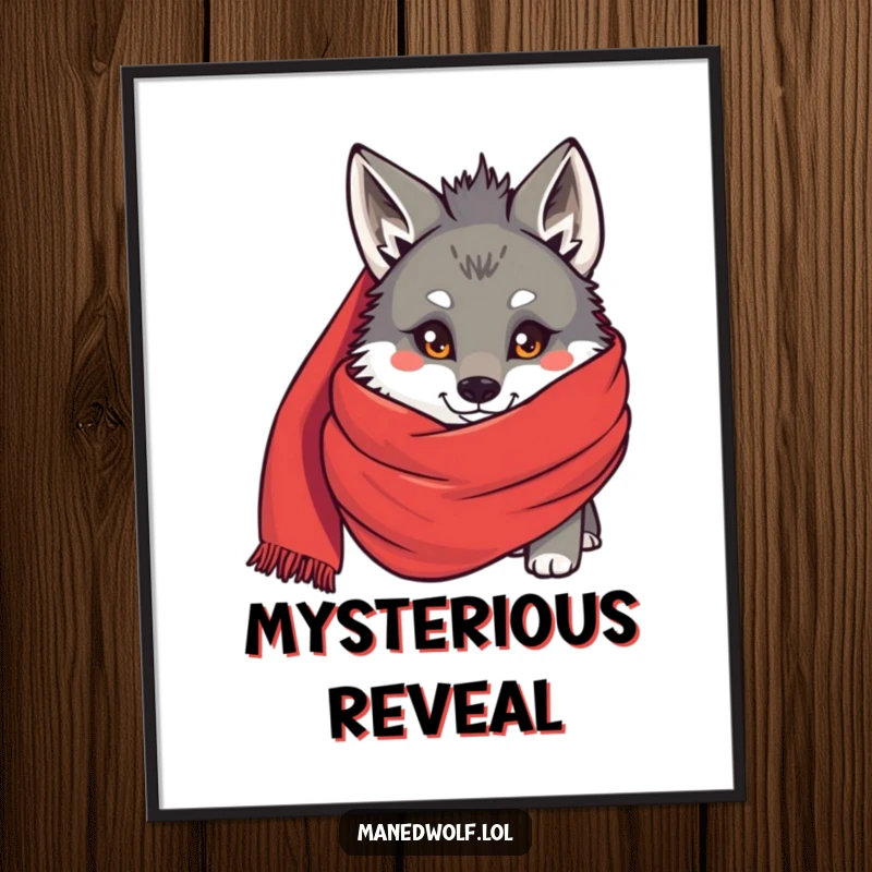 Funny Maned wolf peeking from behind a large red scarf, rendered as a digital art print, full of humorous shy charm.