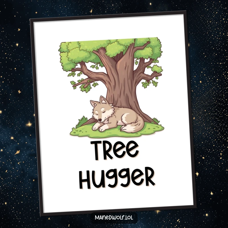 Funny maned wolf digital art print depicting a content maned wolf resting peacefully under a large tree.